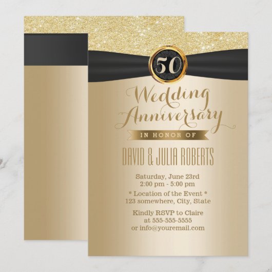 Classy Black Ribbon Gold 50th Wedding Jubileum Kaart (Voorkant / Achterkant)