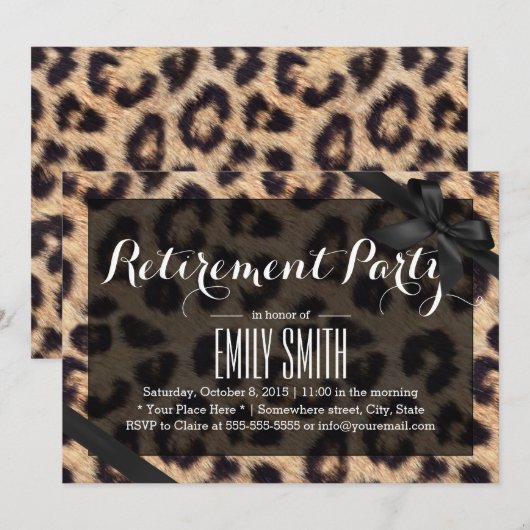 Classy Black Ribbon Leopard Print Retirement Party Kaart (Voorkant / Achterkant)