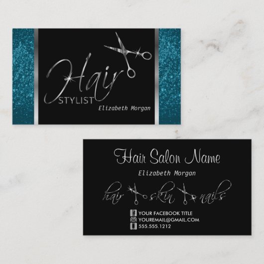 Classy Black, Silver en Blue Hair Stylist Visitekaartje (Voorkant / Achterkant)