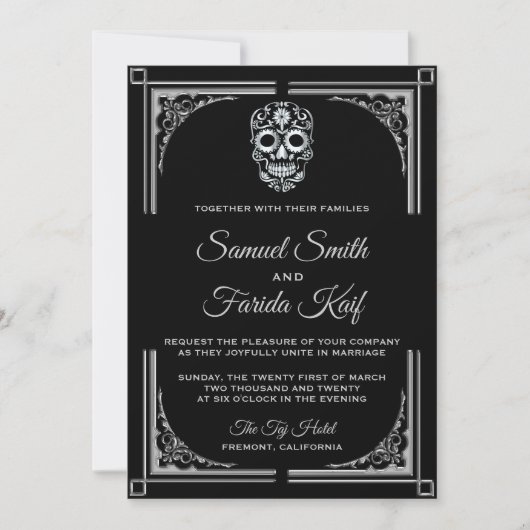 Classy Black Silver Sugar Skull Weddenschap Kaart (Voorkant)