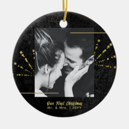 Classy Black Velvet Gold Fireworks Eerste Kerstmis Keramisch Ornament