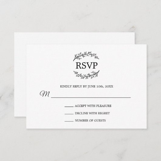 Classy Black White Branches Monogram RSVP Informatiekaartje (Voorkant / Achterkant)