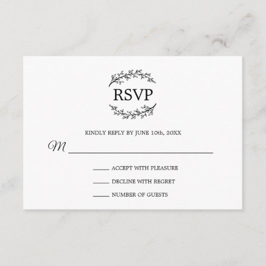 Classy Black White Branches Monogram RSVP Informatiekaartje (Voorkant)