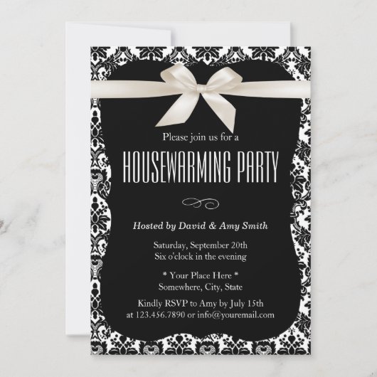 Classy Black & White Damask Housewarming Party Kaart (Voorkant)