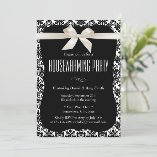 Classy Black & White Damask Housewarming Party Kaart (Staand voorkant)