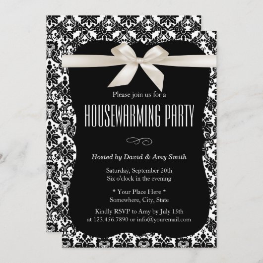 Classy Black & White Damask Housewarming Party Kaart (Voorkant / Achterkant)
