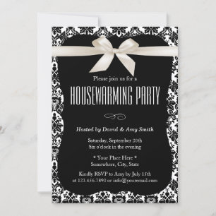 Classy Black & White Damask Housewarming Party Kaart