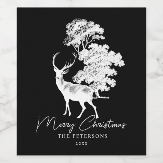 Classy  Black White Deer Silhouette Script Wijn Etiket (Enkel label)