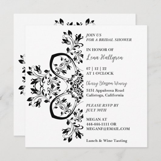 Classy Black & White Floral Invitation Kaart (Voorkant / Achterkant)