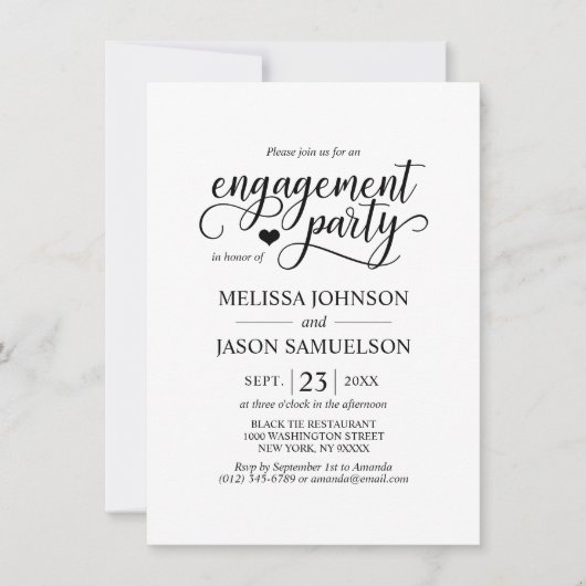 Classy Black White Heart Engagement Party PHOTO Kaart (Voorkant)