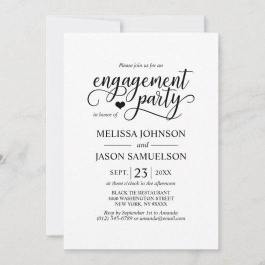 Classy Black White Heart Engagement Party PHOTO Kaart (Achterkant)