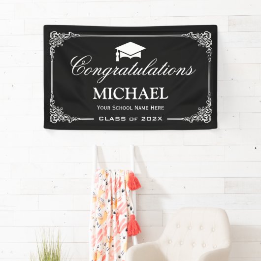 Classy Black White  Lijst Graduation Party Spandoek (Insitu)