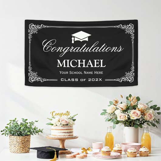 Classy Black White Lijst Graduation Party Spandoek