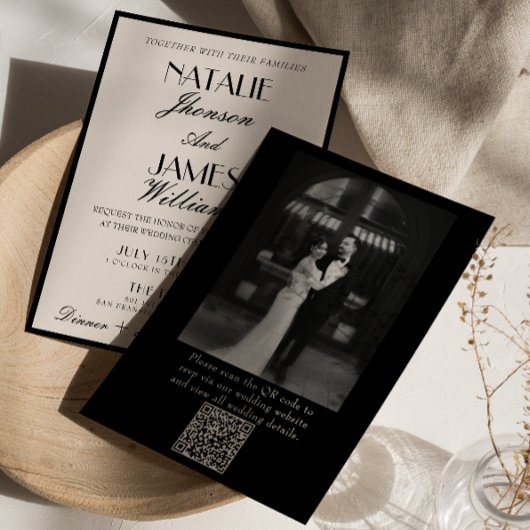 Classy Black White Old Money Photo QR Code Wedding Kaart