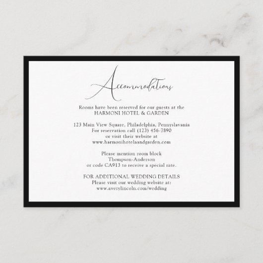 Classy Black & White Script Wedding Accommodations Informatiekaartje (Voorkant)