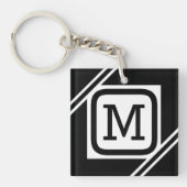 Classy Black & White Simple Square Lined Monogram Sleutelhanger (Voorkant)