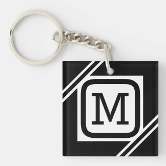 Classy Black & White Simple Square Lined Monogram Sleutelhanger
