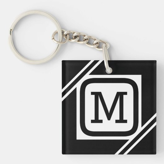 Classy Black & White Simple Square Lined Monogram Sleutelhanger (Voorkant)