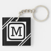 Classy Black & White Simple Square Lined Monogram Sleutelhanger (Achterkant)