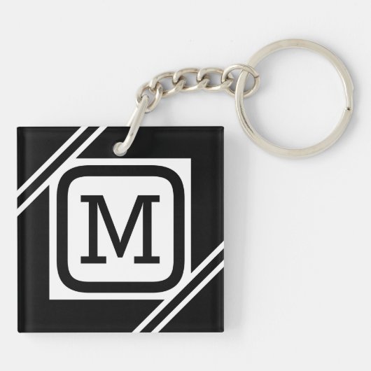 Classy Black & White Simple Square Lined Monogram Sleutelhanger (Achterkant)