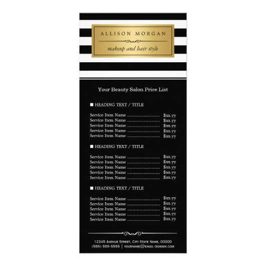 Classy Black White Stripes Golden Label prijslijst Reclamekaart (Voorkant)