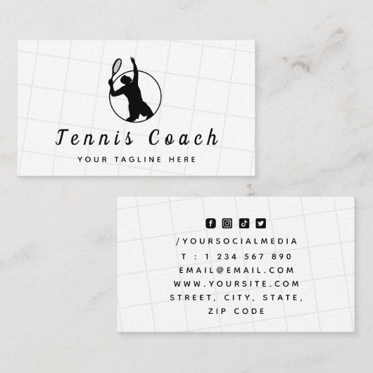 Classy Black & White Tennis Coach Professional Visitekaartje (Voorkant / Achterkant)