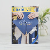 Classy blauw en goud magazine foto afstuderen kaart (Staand voorkant)