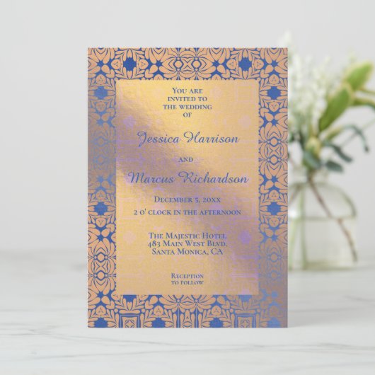 Classy Blauw en Gouden Folie Bloemen Patroon Bruil Kaart (Staand voorkant)