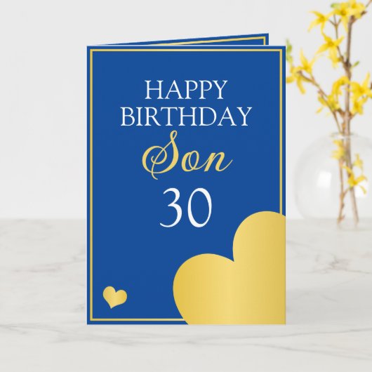 Classy Blauw en Gouden Hart Zoon 30e Verjaardag Kaart (Gele Bloem)