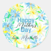 Classy Blauw Geel Waterverf Bloemen Moederdag Ronde Sticker (Voorkant)