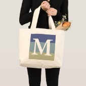 Classy Blauw Kaki Gestreept kleurenpalet Monogram Grote Tote Bag (Voorkant (product))