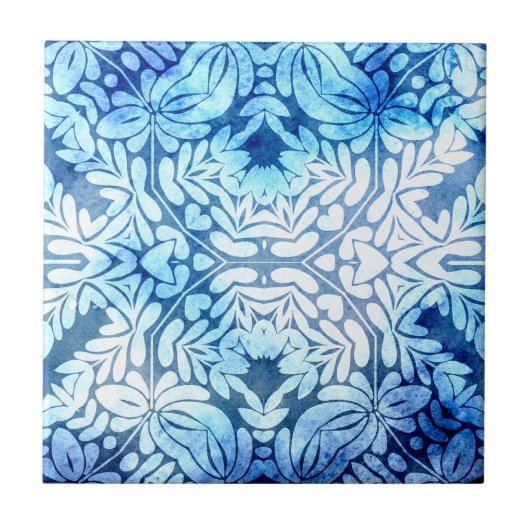 Classy Blauw Wit Blad Motieven en Bloemen Elemente Tegeltje (Voorkant)