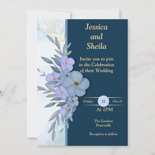 Classy blauwe bloemen bruiloft uitnodiging, kaart (Voorkant)