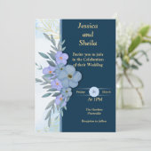 Classy blauwe bloemen bruiloft uitnodiging, kaart (Staand voorkant)