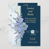 Classy blauwe bloemen bruiloft uitnodiging, kaart (Voorkant / Achterkant)