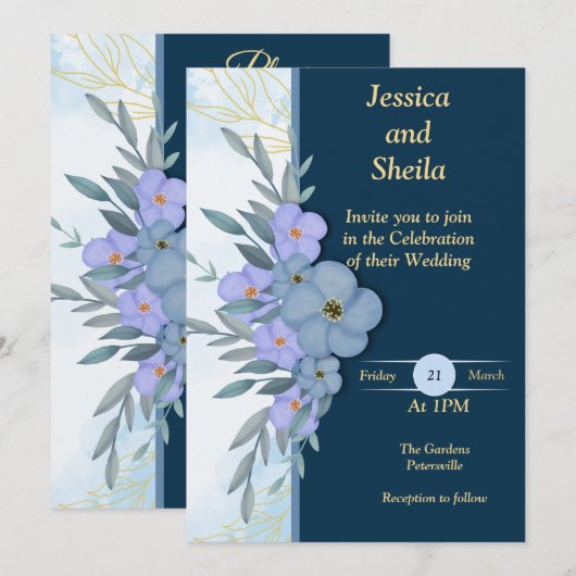 Classy blauwe bloemen bruiloft uitnodiging, kaart (Voorkant / Achterkant)