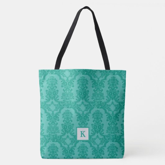 Classy Blauwgroen Blue Damask Pattern Monogram Can Tote Bag (Voorkant)