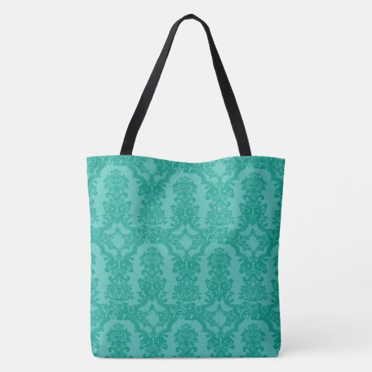 Classy Blauwgroen Blue Damask Pattern Monogram Can Tote Bag (Achterkant)