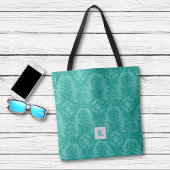 Classy Blauwgroen Blue Damask Pattern Monogram Can Tote Bag