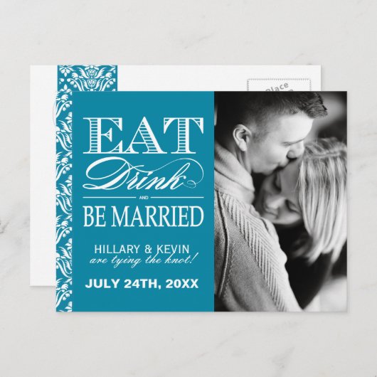 Classy Blauwgroen Damask Save the Date Aankondigingskaart (Voorkant / Achterkant)