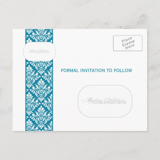 Classy Blauwgroen Damask Save the Date Aankondigingskaart (Achterkant)