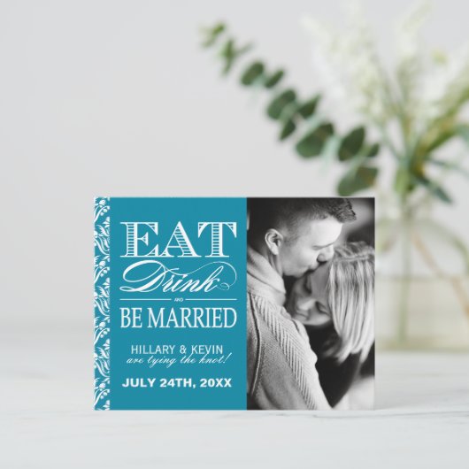 Classy Blauwgroen Damask Save the Date Aankondigingskaart (Staand voorkant)