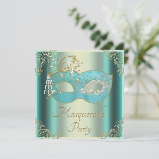 Classy Blauwgroen Gold Flourish Mask Masquerade Pa Kaart (Staand voorkant)