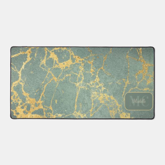 Classy Blauwgroen marmeren look met naam & initial Bureaumat (Voorkant)