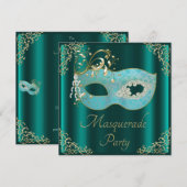 Classy Blauwgroen Masquerade Party Kaart (Voorkant / Achterkant)