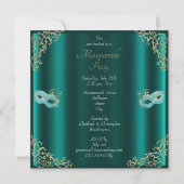 Classy Blauwgroen Masquerade Party Kaart (Achterkant)