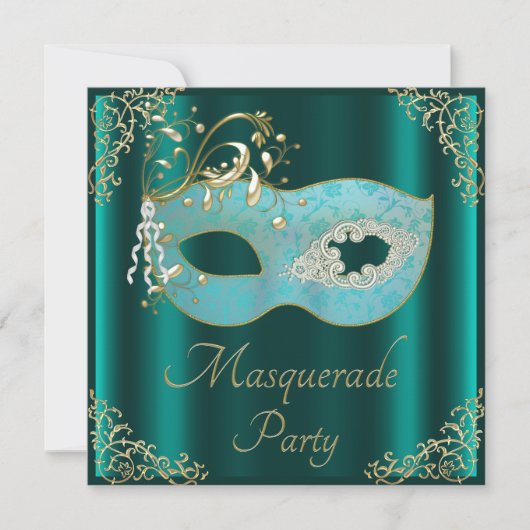 Classy Blauwgroen Masquerade Party Kaart (Voorkant)