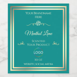 Classy Blauwgroen Product Label met Goud Lijst en  Wijn Etiket
