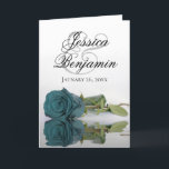 Classy Blauwgroen Roos Elegant Romantic Photo Wedd<br><div class="desc">Deze prachtige huwelijksuitnodigingen zijn voorzien van een verbluffend design met één blauwgroen of turkooiskleurig roos met lange steeltjes, dat in water reflecteert met golven en rimpels. De voorzijde toont de eerste namen van het paar in fancy manuscript het schrijven. Binnen is ruimte voor de foto van het stel samen met...</div>