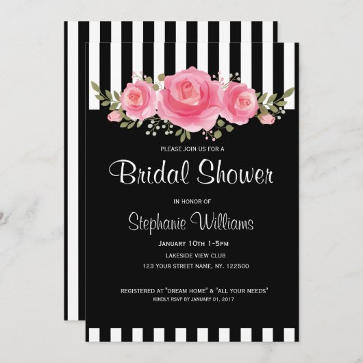 Classy Bloemen strepen bruids douche uitnodiging (Voorkant / Achterkant)